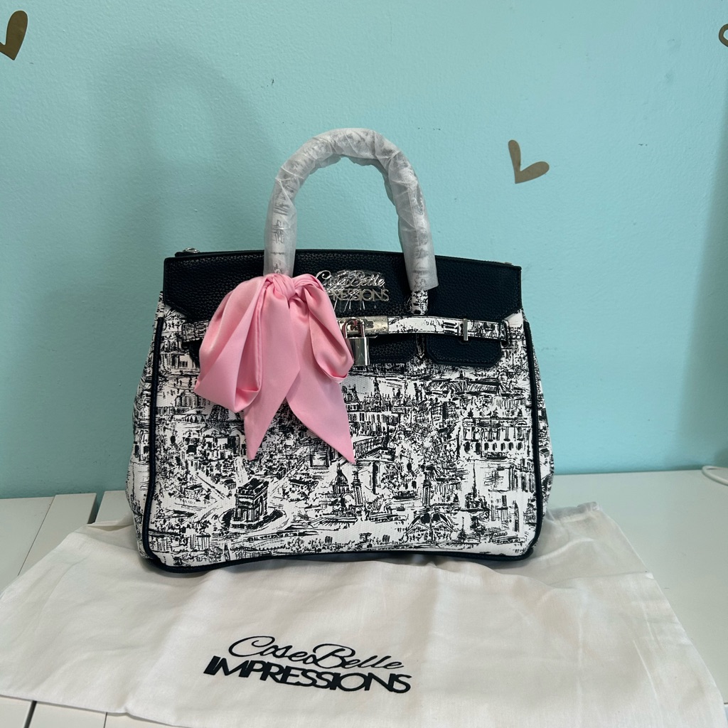 Caseo Belle Impressions Black And White Satchel With Pink Bow Accent Brand New